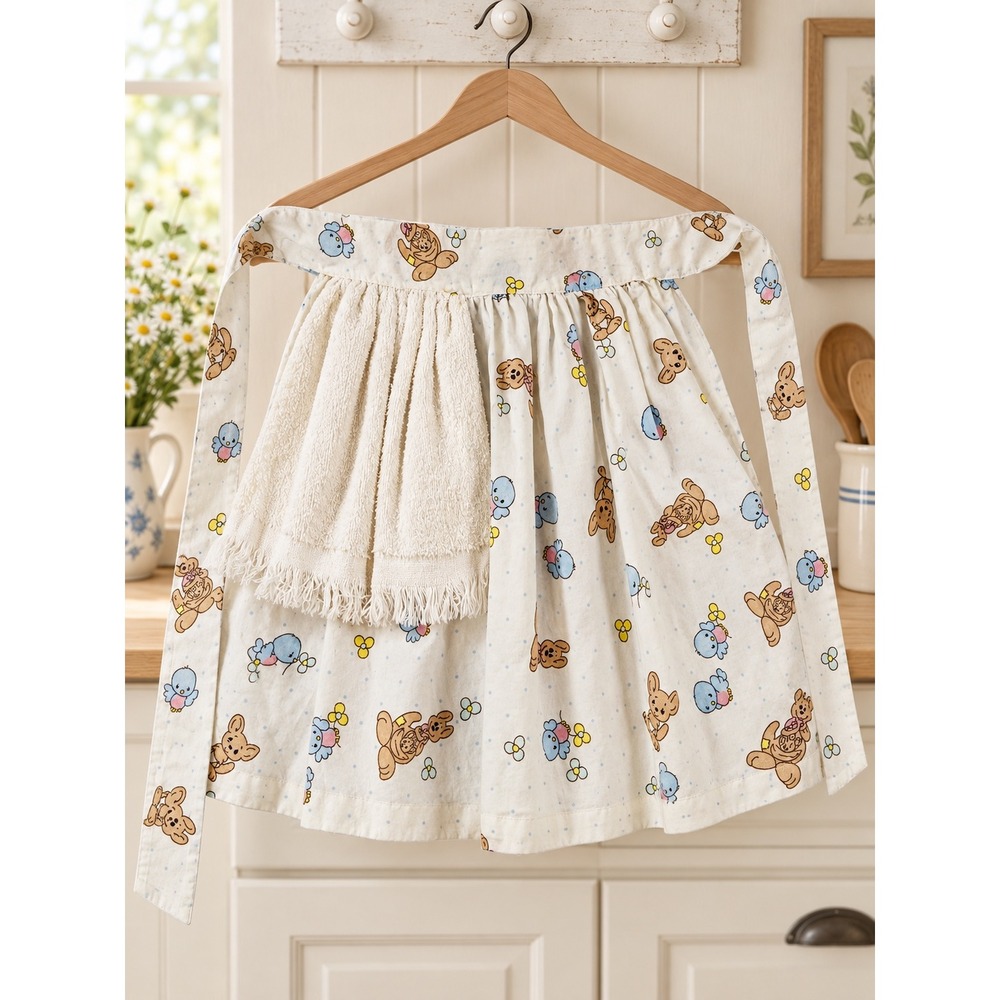 Vintage 1991 Precious Moments Child Apron Handmade Pastel Tie Bunny Bird Towel